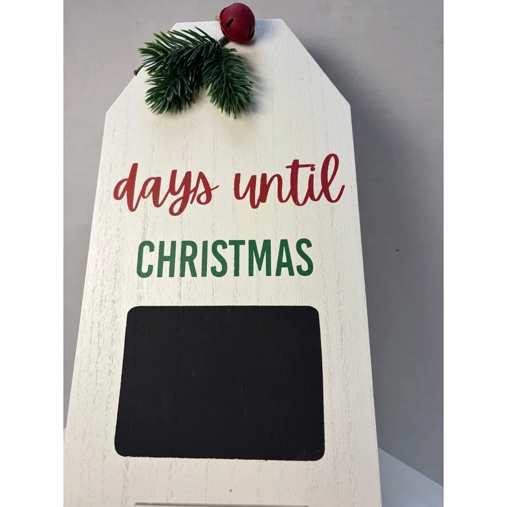 Christmas Countdown Chalkboard Sign White Wood Tag Jingle Bell Wall Decor 12in